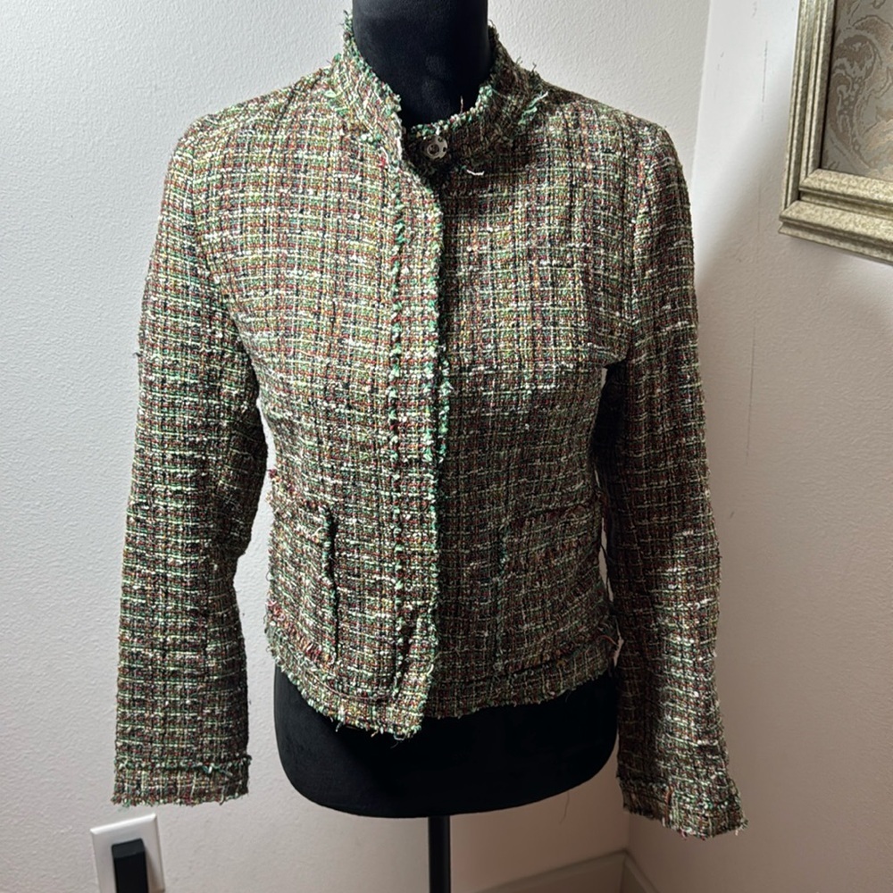 Midi tweed olive green multicolor crop blazer raw‎ trim lined mandarin collar M